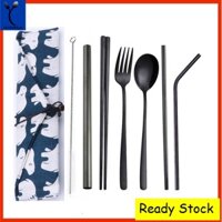 Bộ 8 Cái Có Thể Tái Sử Dụng Kim Loại Thép Không Gỉ Ống Hút Đũa Nĩa Thìa Đen