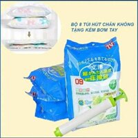 Bộ 8 túi hút chân không KÈM Bơm tay đựng quần áo, chăn: chống ẩm mốc, tiết kiệm diện tích tủ