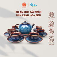 Bộ Ấm Chè Bầu Tròn Men Xanh Hoả Biến ACTX-06 - Bộ Ấm Trà Xanh Hoả Biến Cao Cấp - Gốm Sứ Bát Tràng