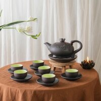 Bộ ấm chén ba chân tử sa nâu chén lòng xanh dung tích 380ml- Làng gốm Bát Tràng