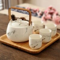 Bộ Ấm Chén Bằng Sứ Hoa Văn Đá Cẩm Thạch Phong Cách Nhật Bản dùng pha trà biếu tặng cao cấp