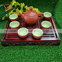 Bộ ấm chén Bát Tràng đất nung màu đỏ gạch vẽ hoa sen kèm khay