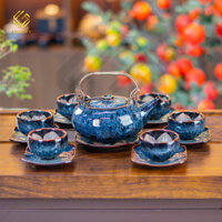 Bộ ấm chén bát tràng Giang tây màu cẩm lai xanh-Gốm sứ bát tràng