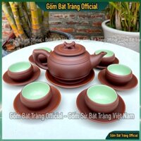 Bộ Ấm Chén Bát Tràng Trống Chỉ Đỏ Men Ngọc, Bộ Ấm Trà Trống Chỉ Đỏ Chén Xanh