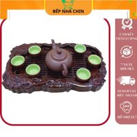 Bộ ấm chén Bát Tràng tử sa, Bộ ấm chén uống trà Bát Tràng Tặng kèm khay trà giả gỗ cực đẹp_M48