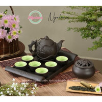 Bộ ấm chén, bộ tách trà gốm tử sa Bát Tràng đắp nổi khay chữ nhật