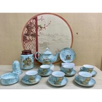 Bộ ấm chén Cát Tường Thuận Buồm Xuôi Gió Vàng Kim Men vân đá xanh ngọc 550ml