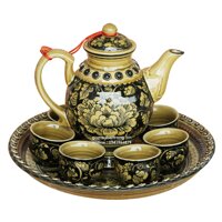 Bộ ấm chén cổ vẽ hoa mẫu đơn nền đen kèm đĩa cổ
