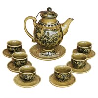 Bộ ấm chén cổ vẽ tay hoa mẫu đơn nền vàng