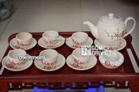 Bộ ấm chén dáng bưởi men hạt tiêu vẽ hoa đào đỏ