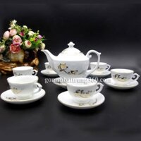 Bộ Ấm Chén Dáng Đèn Thần Aladin Kẻ Chỉ Vàng Kim Vẽ Hoa Sen Vàng