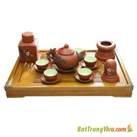 Bộ Ấm Chén Đắp Nổi Đỏ – Cây Tùng Đen – Phụ kiện+Khay