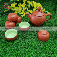 Bộ ấm chén đất nung Bát Tràng hoa sen màu đỏ