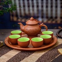 Bộ ấm chén đất nung Bát Tràng quai rồng màu đỏ gạch