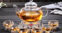 Bộ ấm chén đế nến pha trà hoa cúc thủy tinh chịu lực cao cấp, Bộ ấm chén không khay
