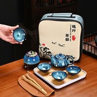 Bộ ấm chén du lịch tráng men xanh Tianmu, bộ ấm chén trà đạo cao cấp kèm túi đựng tiện lợi (BAT)