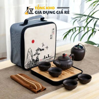 Bộ Ấm Chén Du Lịch Uống Trà Tử Sa 6 Chén, 8 Món, Bộ Ấm Chén Trà Đạo Sứ Thanh Kèm Túi Xách Tay Dùng Làm Quà Tặng