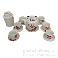 Bộ ấm chén gốm Bát Tràng dáng vại vẽ đào đỏ