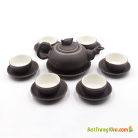 Bộ ấm chén gốm Bát Tràng trúc đào chỉ bạc lòng trắng