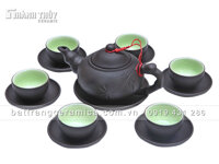 Bộ ấm chén gốm đen khắc cây trúc