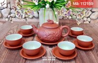 Bộ ấm chén gốm nâu lòng ly xanh ngọc, dung tích 450ml, mã 112159, đắp nổi 3D chim hoa sen, bình an may mắn, ấm chén tử sa bát tràng