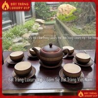 Bộ ấm chén gốm nâu viền vàng 350ml lòng trắng Bát Tràng cao cấp.