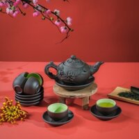 Bộ ấm chén gốm sứ Bát Tràng đắp hoa sen