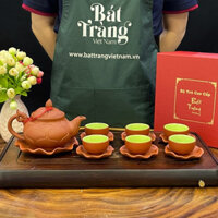 Bộ ấm chén gốm sứ Bát Tràng họa tiết hoa sen màu gạch nung BT-AT44