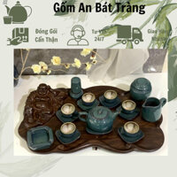 Bộ Ấm Chén Hoả Biến Bát Tràng- dáng ấm Chóp men XANH NGỌC chén lòng hoa,lòng men
