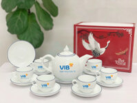 Bộ Ấm Chén In Logo Bát Tràng Chóp Lửa Xanh Dương