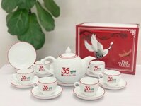 Bộ Ấm Chén In Logo Bát Tràng Chóp Lửa Chỉ Đỏ