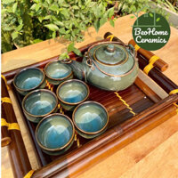Bộ Ấm Chén kèm Khay Quai Đồng quai mây màu Xanh Ngọc Bích, bộ ấm chén uống trà Men Hoả Biến Gốm Sứ Bát Tràng