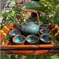 Bộ Ấm Chén Kèm Khay Quai Mây Màu Xanh Ngọc Bích/Bộ Ấm Chén Uống Trà Men Hỏa Biến/Gốm Sứ Bát Tràng.