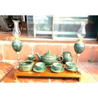 Bộ ấm chén khắc nổi men ngọc lưu ly Bát Tràng - Bộ trà cao cấp Bát Tràng