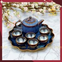Bộ ấm chén khay tròn hoả biến xanh dương gốm Bát Tràng chính hãng, ấm trà có khay hoa sen đẹp mắt