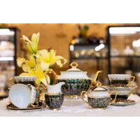 Bộ ấm chén mạ vàng cao cấp nền xanh ngọc lục bảo