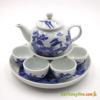 Bộ ấm chén – màu trắng xanh – men lam cổ