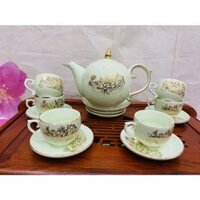 Bộ ấm chén men ngọc họa tiết ho sen vàng