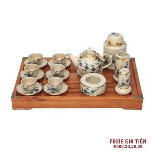 Bộ Ấm Chén Men Rạn Vẽ Hoa Đào Bọc Đồng Nghệ Nhân