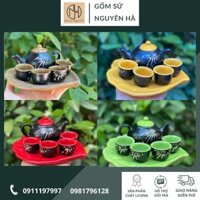 Bộ Ấm Chén Mini Khắc Trúc Thờ Cúng Trưng Bày, Bộ Ấm Pha Trà Hạt Mít Gốm Sứ Bát Tràng