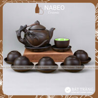 Bộ Ấm Chén Mộc Đắp Khắc Nổi Gốm Sứ Bát Tràng, Bộ Đồ Dùng Uống Trà Cao Cấp