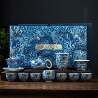 Bộ Ấm Chén Pha Trà Bằng Sứ Men Ngọc Bích Họa Tiết Thanh Long Kèm Vali Sang Trọng (Sản Phẩm Thủ Công Kèm Chứng Thư)