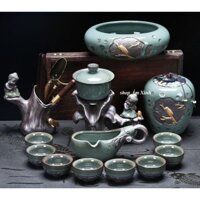 Bộ Ấm Chén Pha Trà Đạo Bằng Sứ Tráng Men Ngọc Lục Bảo Cao Cấp Họa Tiết Hình Chú Tiểu