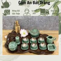 Bộ Ấm Chén pha trà gốm sứ Bát Tràng men Hỏa Biến màu Thiên Thanh dáng ấm Giang Tây Quai Đồng