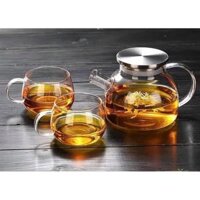 Bộ ấm chén pha trà thủy tinh 1000ml chịu nhiệt nắp gỗ - Nắp iox