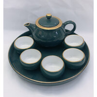 BỘ ẤM CHÉN PHA TRÀ TRUYỀN THỐNG  KÈM KHAY SỨ TRÒN MEN BÓNG - ANTH685 - xanh ngọc