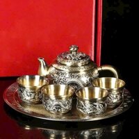 Bộ ấm chén Rồng Phượng Phong thuỷ bằng đồng cao cấp, Bộ ấm pha trà Long Phụng Sum Vầy