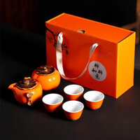 Bộ Ấm Chén Sứ Pha Trà Đạo Quả Hồng Cao Cấp - Kèm Túi Hộp Lịch Sự