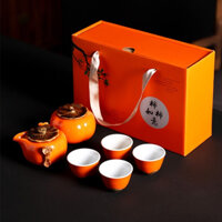 Bộ Ấm Chén Sứ Pha Trà Đạo Quả Hồng Cao Cấp - Kèm Túi Hộp Lịch Sự