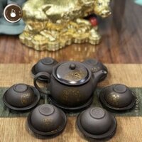 Bộ Ấm Chén Trà Đạo Gốm Tử Sa Bát Tràng Vẽ Vàng Cỏ 3 Lá Dáng Thủy Bình Dung Tích 330ml AHS30